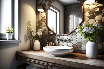 Wall Mural - Interior of contemporary bathroom with fashionable mirror and vessel sink. Generative AI