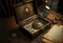 Vintage Background With An Open Wooden Suitcase And A Compass Inside, Some Manuscripts And A Glass Bottle Next To It Made With Generative AI