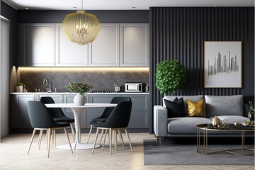 Wall Mural - Modern interior design of living room with kitchen and dining room. Luxurious apartment background with contemporary design. Generative AI