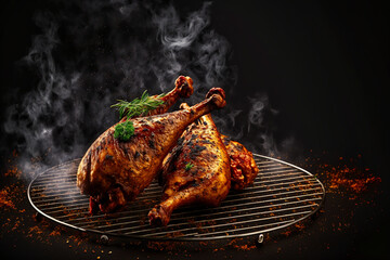 seasoned juicy chicken drumsticks grilled on barbecue with fire and smoke background