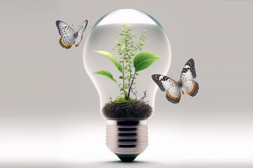 light bulb with small plant inside and two butterflies. Green Sustainable Energy Concept, recycling, eco-friendly, Earth Day, Generative AI