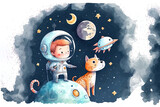 Fototapeta Dziecięca - Animals and young astronauts go on space excursions with a bright moon, stars, and clouds. Dreamy, exciting, and entertaining animation for kids about cosmic travel. Illustration for wallpaper in wate