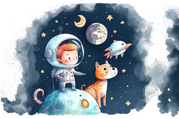 Animals and young astronauts go on space excursions with a bright moon, stars, and clouds. Dreamy, exciting, and entertaining animation for kids about cosmic travel. Illustration for wallpaper in wate
