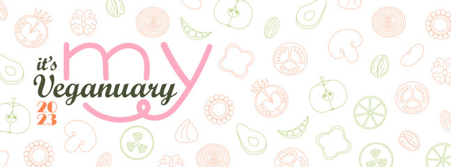 Wall Mural - My Veganuary 2023 background with doodle vegetables and nuts. January go vegan challenge. Poster, banner template. Vector illustration