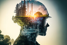 Conceptual Graphic Design Of An Energy Sector And Future Manufacturing. With Double Exposure Artwork, An Oil, Gas, And Petrochemical Refinery Facility Demonstrates The Future Of Electricity And The En