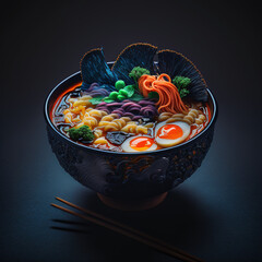 Asian noodle soup, ramen with chicken, tofu, vegetables and egg in black bowl. Slate dark background. Colorful illustration of asian food on black background generative ai