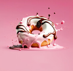 pink donut with cream chocolate on pink background, 3d art, generative ai