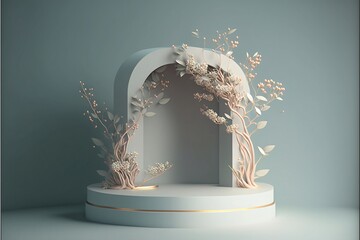 light blue round pedestal display podium, round stage, flower trees branches, background, product item showcase 3d illustration template