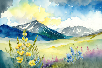 Poster - A watercolor depicts a scene with distant, gray mountains in the backdrop and a meadow full with blooming wildflowers in yellow and blue. Generative AI