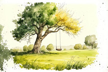 Bright Landscape View In A Summer Meadow With Tree And Rope Swing. Hand Painted Watercolor Illustration Drawing. Generative AI