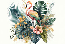 With Green Palm Foliage, Flowers, Flamingos, Summer Fruits, And Golden Line Components, A Tropical Bouquet Was Hand Painted In Watercolor. Generative AI