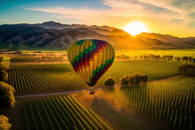 Beautiful Mountains, A Hot Air Balloon, And A Sunrise Among The Vineyards Of Napa Valley. Generative AI