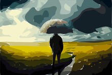 Man Holding An Umbrella Standing Alone In The Meadow  Abstract Digital Illustrations Painting Concept Art Part#311222