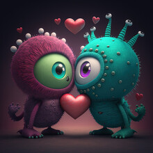 Cute Aliens Monsters In Love On Valentine's Day - Created With Generative AI Technology
