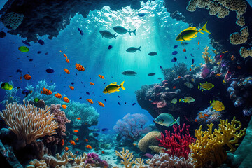 Wall Mural - Underwater coral reef and lagoon, underwater scenery, snorkeling excursion. Generative AI