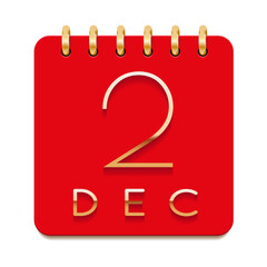 2 day of the month. December. Luxury calendar daily icon. Date day week Sunday, Monday, Tuesday, Wednesday, Thursday, Friday, Saturday. Gold text. Red paper. Vector illustration.