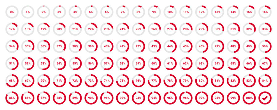 Set of circle percentage diagrams from 0 to 100. Can be used for web design, UI or infographic, vector illustration