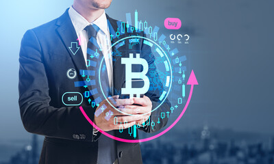 Poster - Businessman in formal suit typing on smartphone with digital int