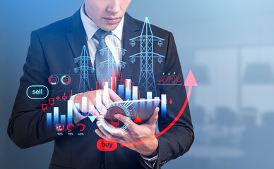 Poster - Businessman holding tablet device with hologram of power lines
