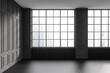 Modern empty room interior, molding design and panoramic window on city view