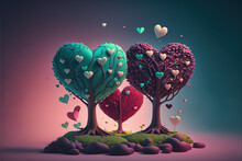 Ai Generated 3d Illustration Of Three Heart Shaped Trees With A Lot Of Small Trees On Colored Background
