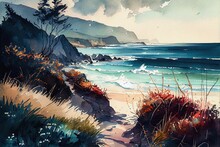 Beautiful Day At The Beach Seaside Landscape Watercolor Painting, Seascape, Distant Ocean Waves, Generative Ai