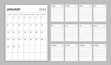 Monthly Calendar Template For 2023 Year, Planner 2023 Template, Week Starts On Sunday, Wall Calendar 2023 Year, Planner Minimal Design, Set Of 12 Months, Organizer Stationery, Vertical Calendar Vector
