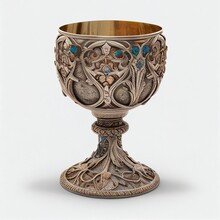 Ornate, Ancient Antique Chalice Isolated On A White Background