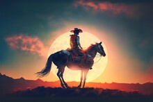 A Cowboy Rides A Horse Against The Background Of The Sun