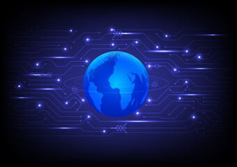 Fototapete - abstract background blue bright globe technology has a map on the surface loop point ring and electronic circuit patterns that glow below and various elements on a blue gradient background