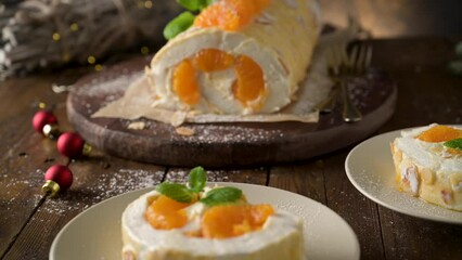 Sticker - Meringue roll cake with cream and tangerine. Roulade, summer dessert served in ceramic plate.