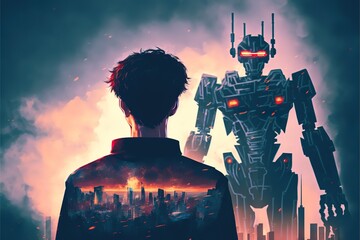 Wall Mural - a man looks at a giant robot