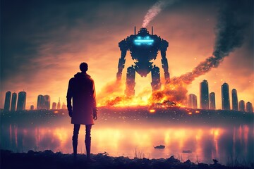 Wall Mural - a man looks at a giant robot