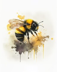 Wall Mural - Bumblebee watercolor with splatter background,  AI assisted finalized in Photoshop by me