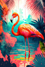 Digital Watercolor Painting Of A Flamingo In The Middle Of Tropical Lakes In Bright Colors, AI Assisted Finalized In Photoshop By Me