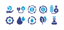 Ecology Icon Set. Duotone Color. Vector Illustration. Containing Save The World, Green Energy, Circular Economy, Earth, Battery, Hydro Power, Water Drops, Water Cycle, Leaves, Gmo.