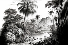 Wallpaper Tropical Jungle With Valleys, Mountains, Trees And Palms In A Landscape Vintage Black And White Sketch Illustration