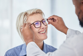 Poster - Vision, glasses with doctor and patient, eyes health and optometry, senior woman with black man at clinic. Eye exam, ophthalmology and health insurance with happy customer, consultation and glaucoma.