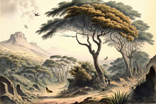 Jungle Wallpaper, Tropical Forests With Valleys, Colorful Birds And Butterflies In A Vintage Landscape Drawing