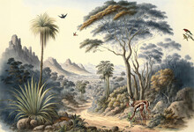 Jungle Wallpaper, Tropical Forests With Valleys, Deer, Colorful Birds And Butterflies In A Vintage Landscape Drawing