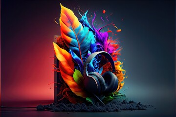 Wall Mural - Headphones exploding with color - generative AI image of generic unbranded headphones bursting with an explosion of colors. The full color spectrum represented for LGBTQIA and Austism inclusion