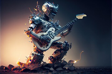 Wall Mural - Robot Guitarist - AI music is becoming more popular, and robots are taking over. This robot was created by generative AI to represent artificial intelligence used in audio recordings.