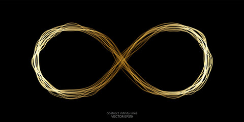 Wall Mural - Infinity symbol by wavy lines gold gradient light isolated on black background.