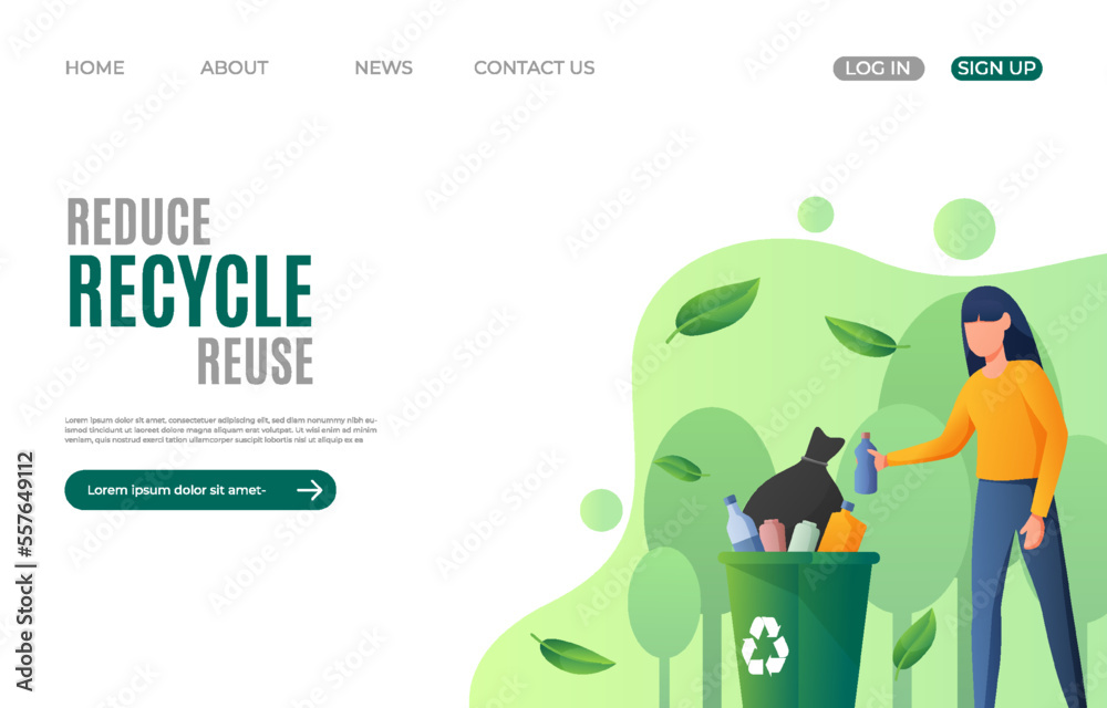 Characters reducing food waste, recycling plastic bottles. Reduce ...