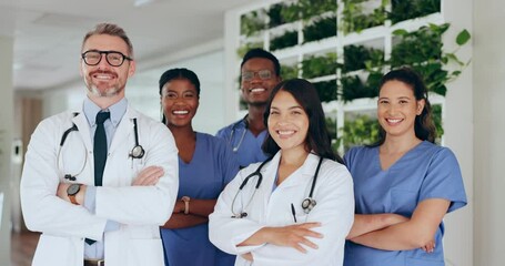 Canvas Print - Medical, doctors and team with arms crossed for healthcare, ready for surgery, research and confident. Teamwork, diversity and group for health, wellness and collaboration for innovation and support.