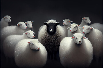 A herd of white sheep with a black one in the middle