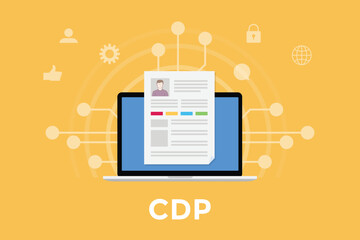 Poster - cdp customer data platform concept with laptop and customer data profile with some related icon with modern flat style