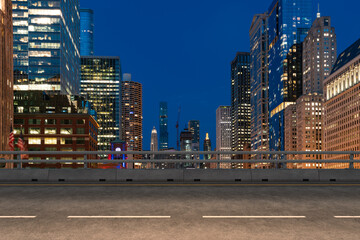 Empty urban asphalt road exterior with city buildings background. New modern highway concrete construction. Concept of way to success. Transportation logistic industry fast delivery. Chicago. USA.