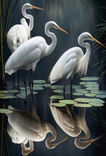White Herons Standing In A Pond With Toadstool, Generative Ai