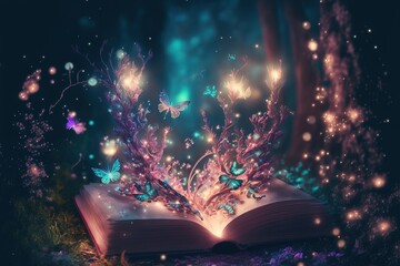 Open book revealing Magical forest. Generative AI.